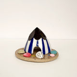 Blue Striped Beach Hut Ceramic Cone Incense Burner