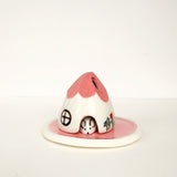 Pink Ceramic Mouse House Cone Incense Burner With Flowers