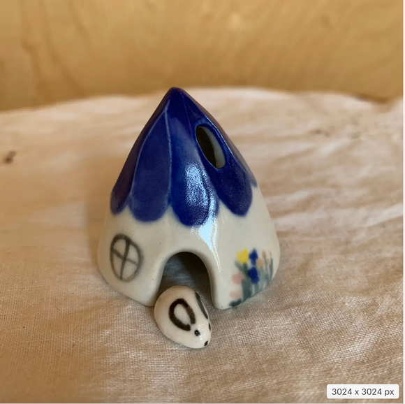 Blue Ceramic Mouse House Cone Incense Burner With Flowers