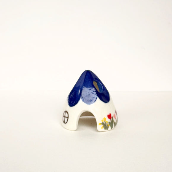 Blue Ceramic Mouse House Cone Incense Burner With Flowers