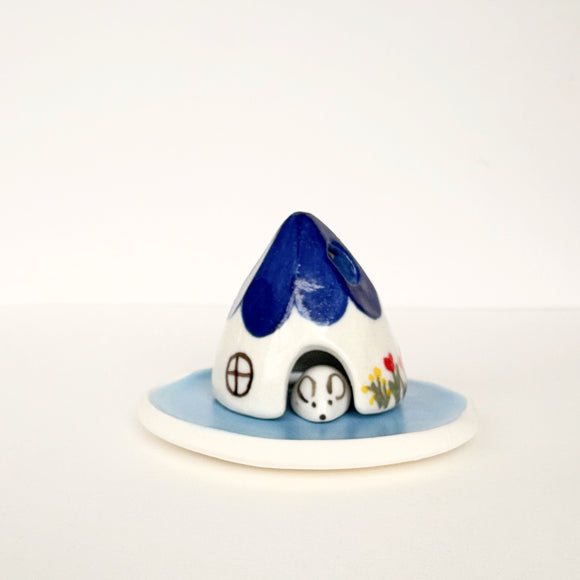 Blue Ceramic Mouse House Cone Incense Burner SET