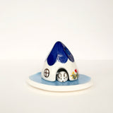 Blue Ceramic Mouse House Cone Incense Burner With Flowers