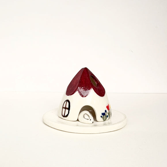 Burgundy Ceramic Mouse House Cone Incense Burner SET