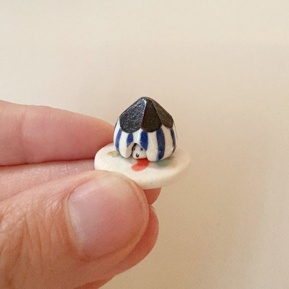 Tiny Blue Ceramic Striped Mouse House