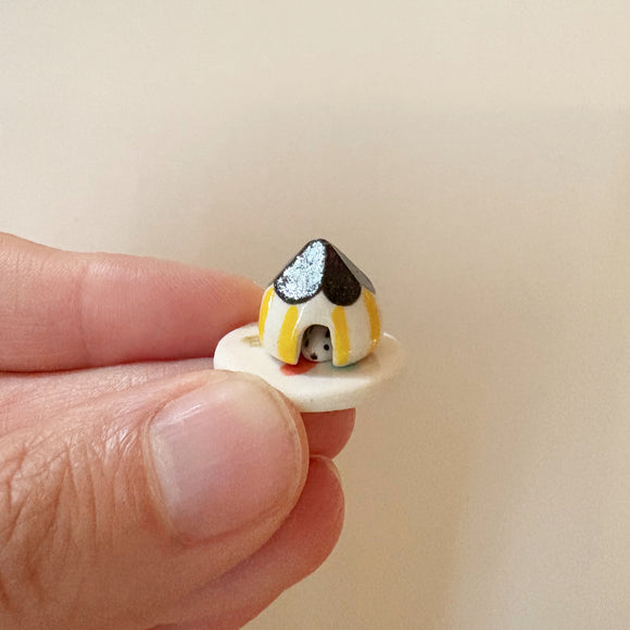 Tiny Yellow Ceramic Striped Mouse House