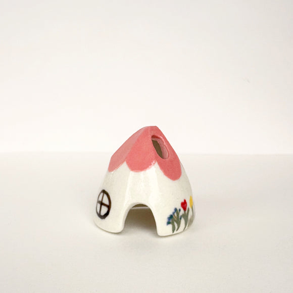 Pink Ceramic Mouse House Cone Incense Burner With Flowers