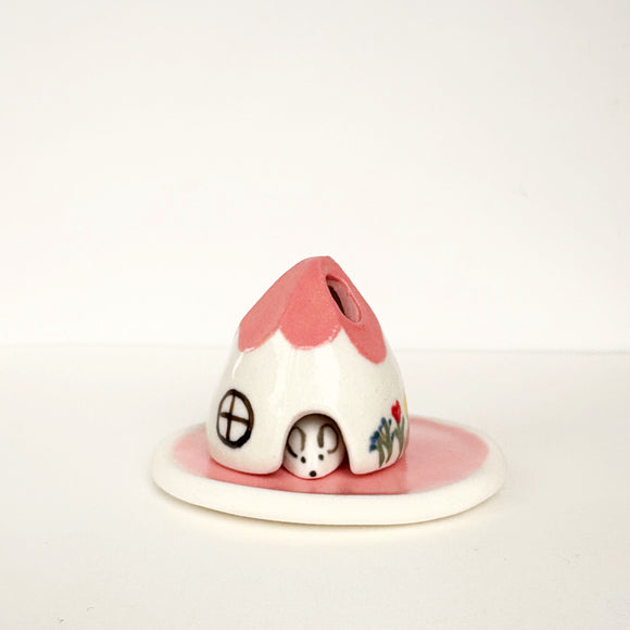 Pink Ceramic Mouse House Cone Incense Burner SET