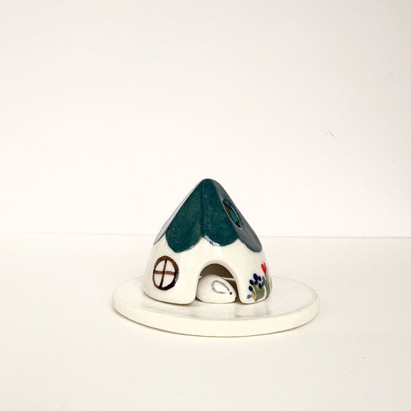 Dark Green Ceramic Mouse House Cone Incense Burner SET