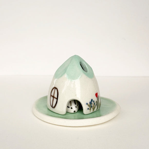 Turquoise Ceramic Mouse House Cone Incense Burner SET