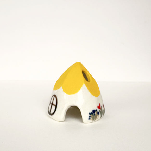 Yellow Ceramic Mouse House Cone Incense Burner With Flowers