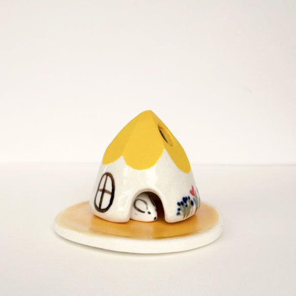 Yellow Ceramic Mouse House Cone Incense Burner SET