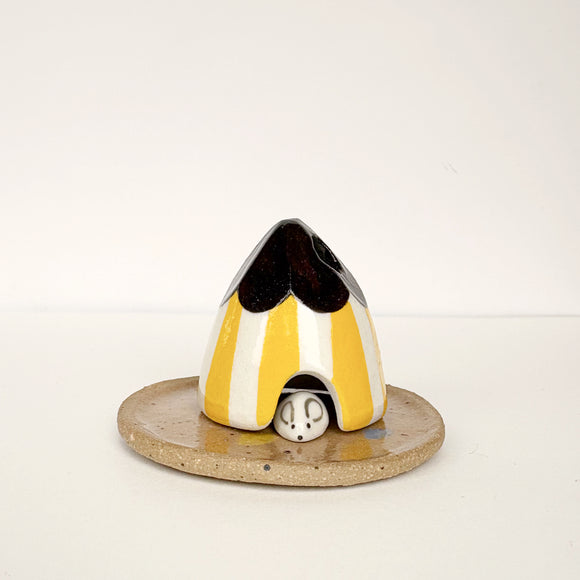 Yellow Striped Beach Hut Ceramic Cone Incense Burner